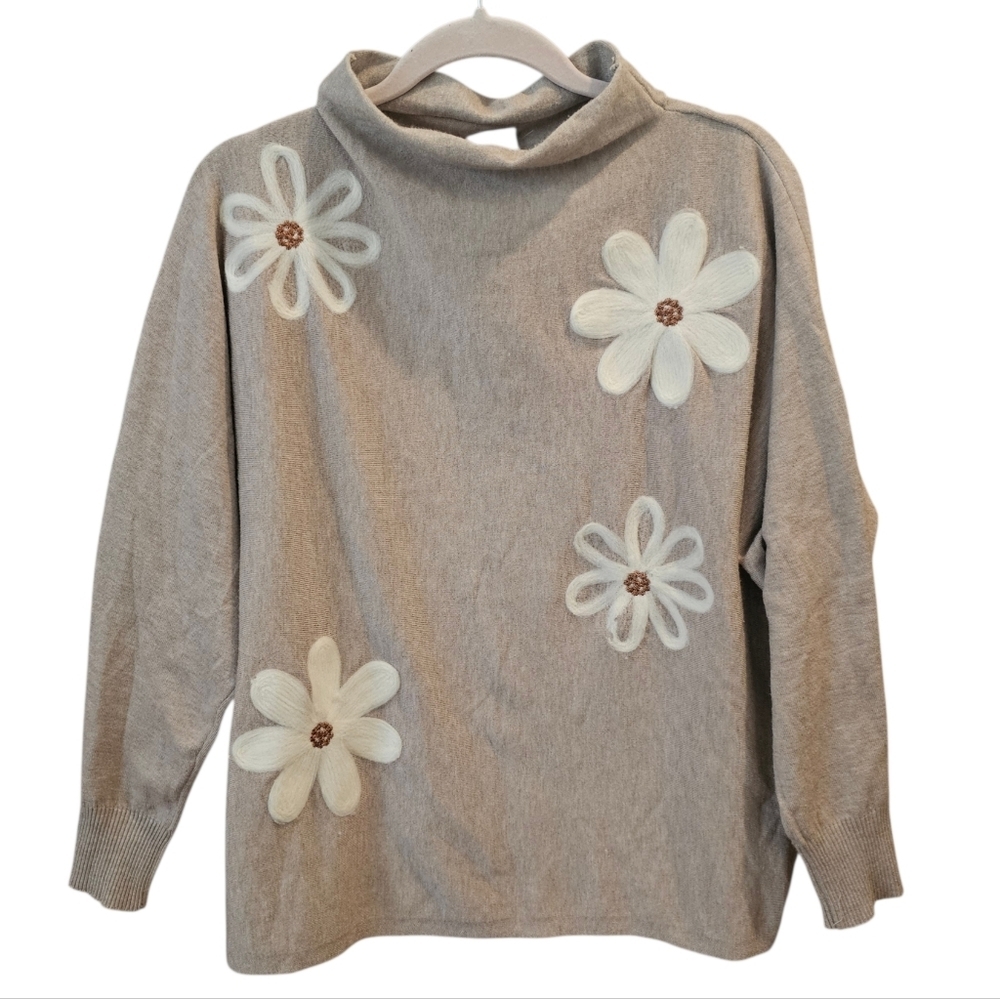 Aaeda Tan Dolman Sleeved Sweater  White Cream Floral Accents